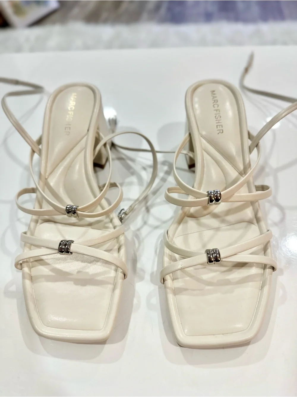 Marc Fisher Cream Strappy Square-Toe Heeled Sandal